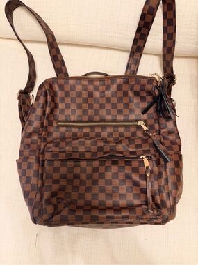 Designer Inspired Brown Checkerboard Convertible Backpack Tote